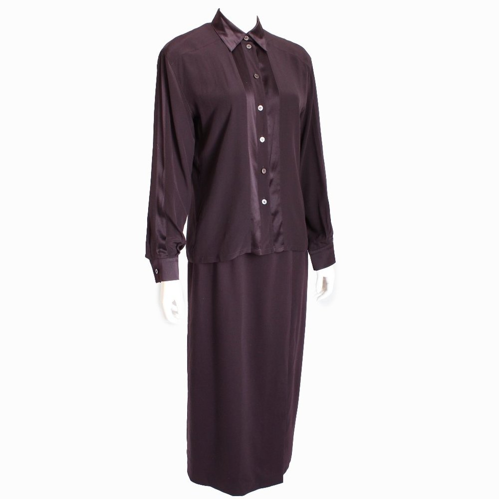 Escada Blouse & Long Skirt 2pc Set Burgundy Silk Wool Vintage 90s